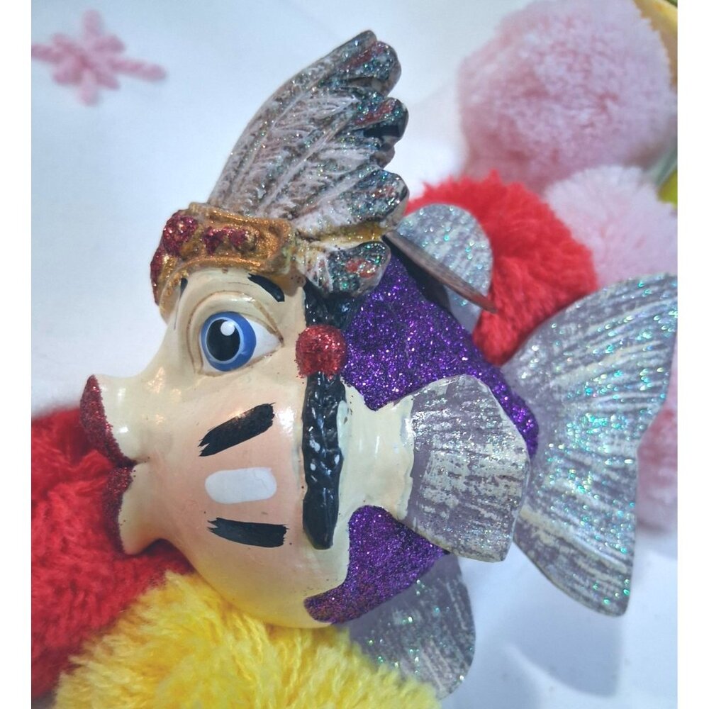Katherine Collection Hand-Painted Glitter Fish Ornament With Feathers & Pom-Poms